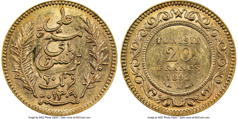 Ali Bey gold 20 Francs AH 1309 (1892)-A AU58 NGC, Paris mint, KM227. AGW 0.1867 ...