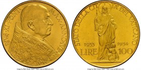 Pius XI gold 100 Lire 1933-1934 MS65 NGC, KM19. AGW 0.2546 oz. Superb gem quality.

HID09801242017