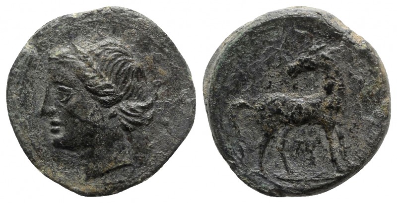 Bruttium, Carthaginian occupation, c. 215-205 BC. Æ (22mm, 8.10g, 10h). Wreathed...