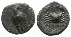 Sicily, Akragas, c. 338-317 BC. Æ Onkia (12.5mm, 1.61g, 2h). Eagle standing l., head r. R/ Crab. CNS I, 113; SNG ANS 1103; HGC 2, 152. VF / Good VF