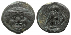 Sicily, Kamarina, c. 420-410 BC. Æ Tetras (14mm, 2.36g, 1h). Gorgoneion. R/ Owl standing r., grasping lizard. CNS III, 25; SNG ANS 1221-4; HGC 2, 546....