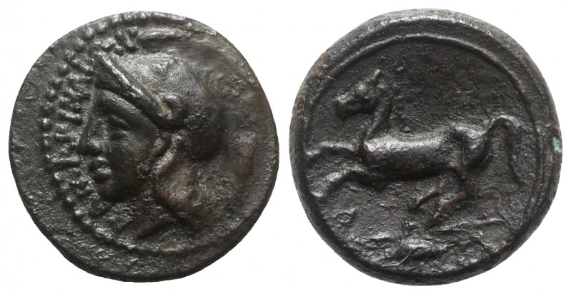 Sicily, Kamarina, c. 339-317 BC. Æ (15mm, 3.66g, 6h). Helmeted head of Athena l....