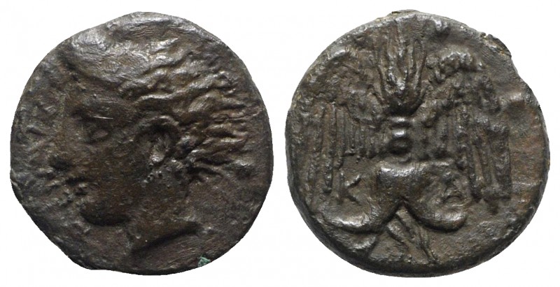 Sicily, Katane, c. 415-404 BC. Æ Tetras or Trionkion (12.5mm, 1.96g, 7h). Horned...