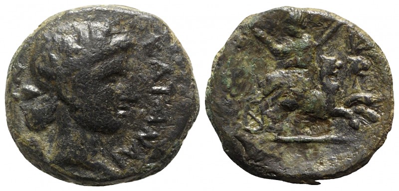 Sicily, Katane, c. 2nd century BC. Æ (20mm, 7.86g, 12h). Head of Dionysos r., we...