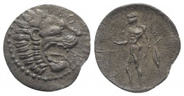 Sicily, Leontinoi, c. 450-440 BC. AR Litra (12mm, 0.61g, 5h). Head of roaring lion r. R/ River god, nude, standing l., pouring libation on altar from ...