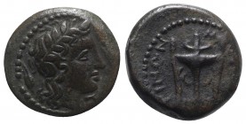 Sicily, Morgantina, c. 339/8-317 BC. Æ Hexas (14mm, 3.90g, 6h). Laureate head of Alkos r.; barleycorn behind. R/ Tripod. Campana 9b; CNS III, 6; SNG A...