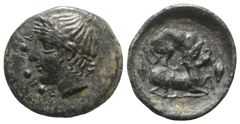 Sicily, Piakos, c. 420-400 BC. Æ Tetras or Trionkion (15mm, 2.16g, 3h). Horned a...