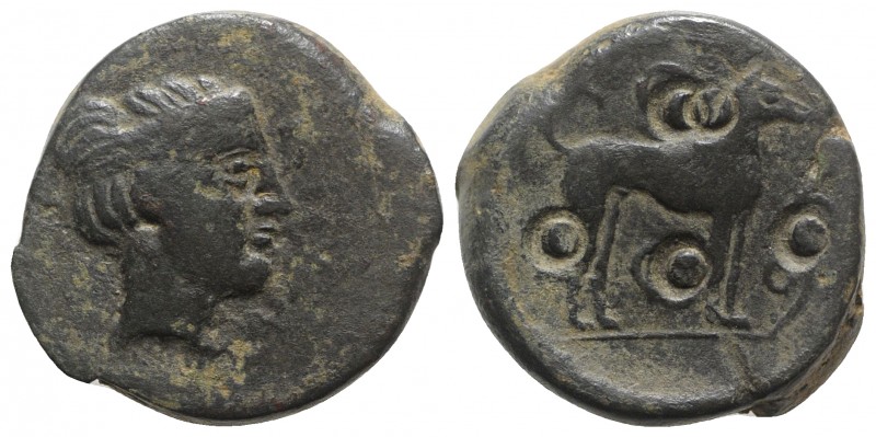 Sicily, Segesta, c. 410-400 BC. Æ Trias (20mm, 8.71g, 12h). Head of a nymph r., ...