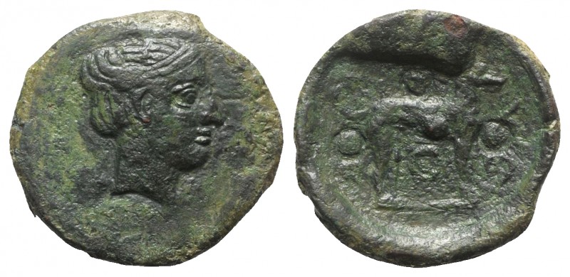 Sicily, Segesta, c. 410-400 BC. Æ Trias (21mm, 8.05g, 6h). Head of a nymph r., h...