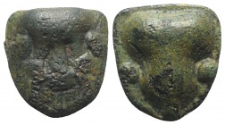 Sicily, Selinos, c. 450-440 BC. Cast Æ Hexas (14mm, 4.14g, 12h). Silenus mask facing. R/ Celery leaf. CNS I, 9; SNG ANS -; HGC 2, 1236. Green patina, ...