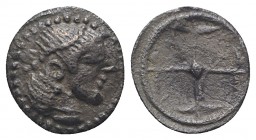 Sicily, Syracuse. Hieron I (478-466 BC). AR Obol (8mm, 0.51g), c. 475-470. Diademed head of Arethusa r. R/ Wheel of four spokes. SNG ANS 116; HGC 2, 1...