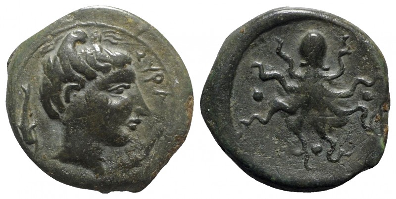 Sicily, Syracuse, c. 435-415 BC. Æ Tetras (16mm, 4.49g, 10h). Head of Arethusa r...
