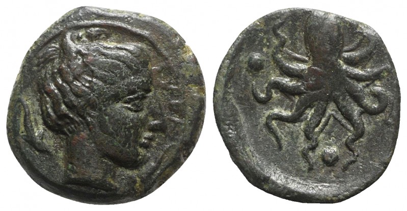 Sicily, Syracuse, c. 435-415 BC. Æ Tetras (16mm, 3.26g, 12h). Head of Arethusa r...