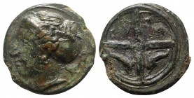 Sicily, Syracuse, c. 415-405 BC. Æ Hemilitron (15.5mm, 3.60g, 1h). Head of Arethusa l., hair in sphendone. R/ Wheel of four spokes; dolphins in lower ...