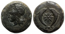 Sicily, Syracuse. Dionysios I (405-367 BC). Æ Drachm (28mm, 25.05g, 6h), c. 380 BC. Head of Athena l., wearing Corinthian helmet decorated with wreath...