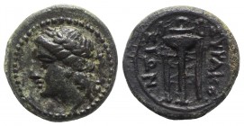 Sicily, Syracuse. Roman rule, after 212 BC. Æ (13mm, 1.89g, 5h). Laureate head of Apollo l.; cornucopia behind. R/ Tripod. CNS II, 212; SNG ANS 1078-9...