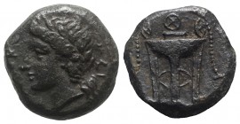Sicily, Syracuse. Roman rule, after 212 BC. Æ (12mm, 3.26g, 1h). Laureate head of Apollo l.; cornucopia behind. R/ Tripod. CNS II, 212; SNG ANS 1078-9...