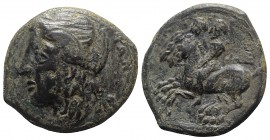 Sicily, Tyndaris, early 3rd century BC. Æ (21mm, 7.12g, 9h). Female head l., wearing tainia. R/ The Dioskouri on horseback riding l. Campana 14; CNS I...