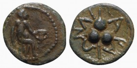 Islands of Sicily, Lipara, c. 420-400 BC. Æ Tetras or Trionkion (11mm, 1.03g). Hephaistos seated r. R/ Three pellets (mark of value) and ethnic. CNS I...