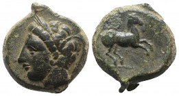 Sicily, Carthaginian Domain, c. 375-350 BC. Æ (17mm, 6.83g, 6h). Wreathed head of Tanit l. R/ Horse prancing r. MAA 15a; SNG Copenhagen 97; CNS III, 1...