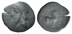 Kings of Parthia, Mithradates I (165-132 BC). Æ Chalkous (14mm, 1.31g, 12h). Ekbatana. Diademed head l. R/ Horse stepping r. Sellwood 11.6. Fine - Goo...