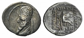 Kings of Parthia, Mithradates II (121-91 BC). AR Drachm (22mm, 4.11g, 12h). Rhagai, c. 96/5-93/2 BC. Diademed and draped bust l., wearing tiara. R/ Ar...