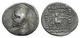 Kings of Parthia, Mithradates III (87-80 BC). AR Drachm (20mm, 4.12g, 12h). Rhagai. Bust l., wearing tiara decorated with eight-rayed star. R/ Archer ...