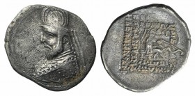 Kings of Parthia, Mithradates III (87-80 BC). AR Drachm (22mm, 4.01g, 12h). Rhagai. Bust l., wearing tiara decorated with eight-rayed star. R/ Archer ...