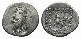 Kings of Parthia, Mithradates III (87-80 BC). AR Drachm (19mm, 4.12g, 1h). Rhagai. Bust l., wearing tiara decorated eight-rayed with star. R/ Archer (...