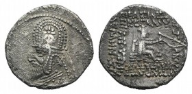 Kings of Parthia, Mithradates III (87-80 BC). AR Drachm (18.5mm, 3.96g, 1h). Rhagai. Bust l., wearing tiara decorated eight-rayed with star. R/ Archer...