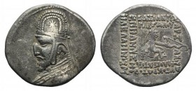 Kings of Parthia, Mithradates III (87-80 BC). AR Drachm (21mm, 3.99g, 12h). Rhagai. Bust l., wearing tiara decorated eight-rayed with star. R/ Archer ...