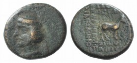 Kings of Parthia, Mithradates IV (c. 58-53 BC). Æ Dichalkon (16mm, 3.79g, 12h). Ekbatana. Diademed head l. R/ Horse standing r. Cf. Sellwood 40.17 (Te...