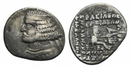Kings of Parthia, Orodes II (58/7-38 BC). AR Drachm (19mm, 3.39g, 1h). Court at Ekbatana. Diademed bust l. R/ Archer (Arsakes I) seated r. on throne, ...