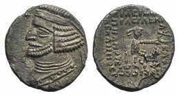 Kings of Parthia, Orodes II (58/7-38 BC). AR Drachm (18mm, 3.56g, 12h). Laodikeia, c. 50-42 BC. Diademed bust l.; star to l., crescent to r. R/ Archer...
