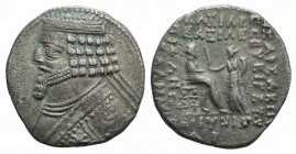 Kings of Parthia, Phraates IV (c. 38/7-2 BC). BI Tetradrachm (29mm, 1.61g, 11h). Seleukeia on the Tigris, 38-2 BC. Diademed bust l. R/ Phraates seated...