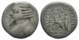 Kings of Parthia, Phraates IV (c. 38/7-2 BC). BI Tetradrachm (27mm, 11.51g, 1h). Seleukeia on the Tigris. Diademed bust l. R/ Phraates seated r., rece...