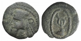 Kings of Parthia, Artabanos IV (c. AD 10-38). Æ Chalkous (12mm, 1.04g, 12h). Ekbatana. Diademed bust l. R/ Hand holding caduceus. Sellwood 63.26. Good...