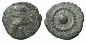 Kings of Parthia, Artabanos IV (c. AD 10-38). Æ Chalkous (12mm, 1.35g, 12h). Ekbatana. Diademed bust l. R/ Pomegranate. Sellwood 63.28. About VF
