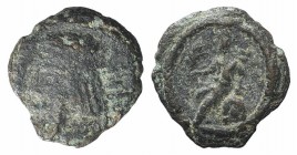 Kings of Parthia, Artabanos IV (c. AD 10-38). Æ Chalkous (11mm, 0.97g, 12h). Ekbatana. Diademed head l. R/ King seated l. on rock, holding palm branch...