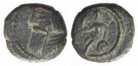 Kings of Parthia, Artabanos IV (c. AD 10-38). Æ Chalkous (11mm, 1.74g, 12h). Ekbatana. Diademed head l. R/ King seated l. on rock, holding palm branch...