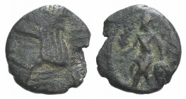 Kings of Parthia, Artabanos IV (c. AD 10-38). Æ Chalkous (9mm, 0.72g, 12h). Ekbatana. Diademed head l. R/ King seated l. on rock, holding palm branch....