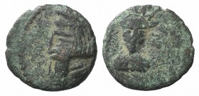 Kings of Parthia, Artabanos IV (c. AD 10-38). Æ Chalkous (11.5mm, 1.13g, 12h). Ekbatana. Diademed and draped bust l. R/ Radiate facing bust of Apollo....
