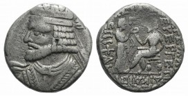 Kings of Parthia, Vologases I (c. AD 51-78). BI Tetradrachm (25.5mm, 14.27g, 12h). Seleukeia on the Tigris, year 363 (AD 51/2). Diademed bust l. R/ Vo...