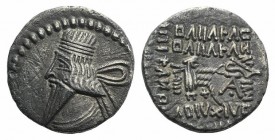 Kings of Parthia, Pakoros I (c. AD 78-120). AR Drachm (18mm, 3.28g, 1h). Ekbatana. Diademed bust l. R/ Archer (Arsakes I) seated r. on throne, holding...