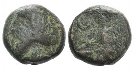Kings of Parthia, Pakoros I (c. AD 78-120). Æ Chalkous (8mm, 1.69g, 12h). Ekbatana. Diademed bust l. R/ Male figure standing l. before altar; crescent...