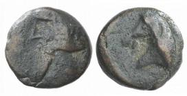 Kings of Parthia, Pakoros I (c. AD 78-120). Æ Chalkous (10mm, 1.30g, 11h). Ekbatana. Diademed head l. R/ Horse head l. Sellwood 78.25 (Vologases III)....