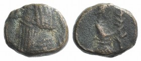 Kings of Parthia, Artabanos V (c. AD 80-90). Æ Chalkous (9mm, 1.43g, 12h). Ekbatana. Diademed bust l.. R/ Three-quarter figure of Tyche r., holding pa...