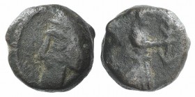 Kings of Parthia, Artabanos V (c. AD 80-90). Æ Chalkous (9mm, 1.63g, 12h). Ekbatana. Diademed bust l.. R/ Three-quarter figure of Tyche r., holding pa...