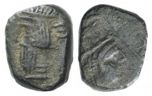 Kings of Parthia, Artabanos V (c. AD 80-90). Æ Chalkous (10mm, 1.62g, 12h). Ekbatana. Diademed bust l. R/ Bust of Tyche r. SNP type III/4 (Artabanos I...