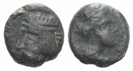 Kings of Parthia, Artabanos V (c. AD 80-90). Æ Chalkous (9mm, 1.28g, 12h). Ekbatana. Diademed bust l. R/ Bust of Tyche r. SNP type III/4 (Artabanos II...